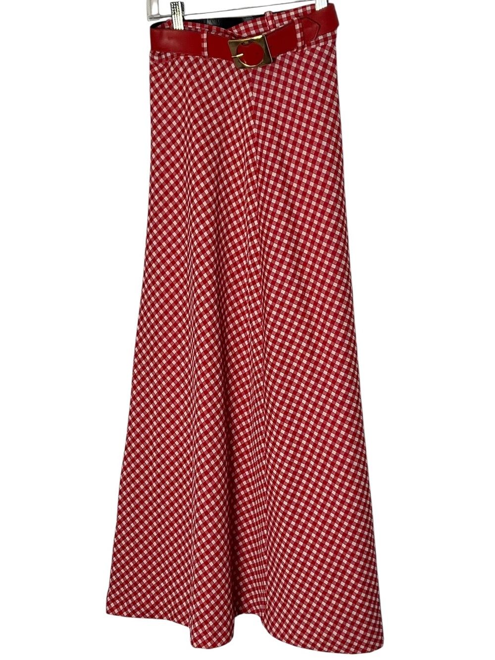 Vintage 70s picnic gingham maxi skirt with red patent belt XS